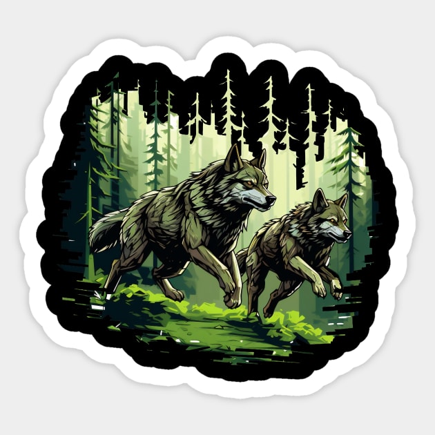 wolves running through the forest Sticker by javierparra